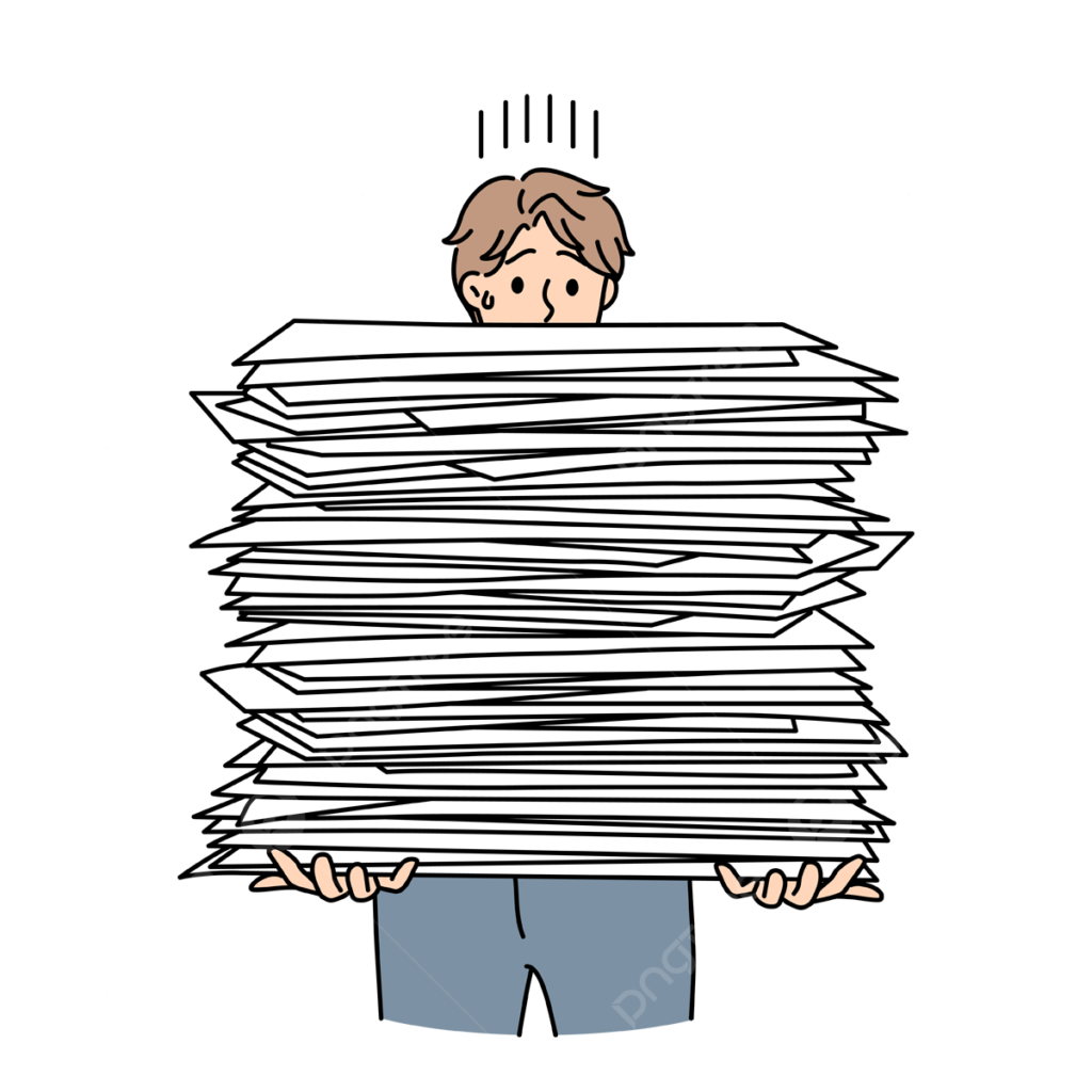 stressed man with pile of paperwork